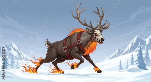 Stylized fiery winter reindeer with skull face running across the snow