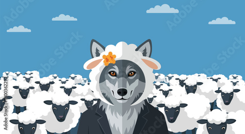 Scheming wolf dressed as sheep cleverly blends in, wearing a suit