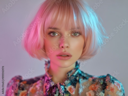 Woman with short, pastel pi...