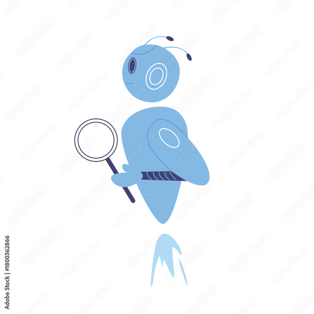 Obraz premium Friendly blue robot character holding magnifying glass isolated on white background vector illustration