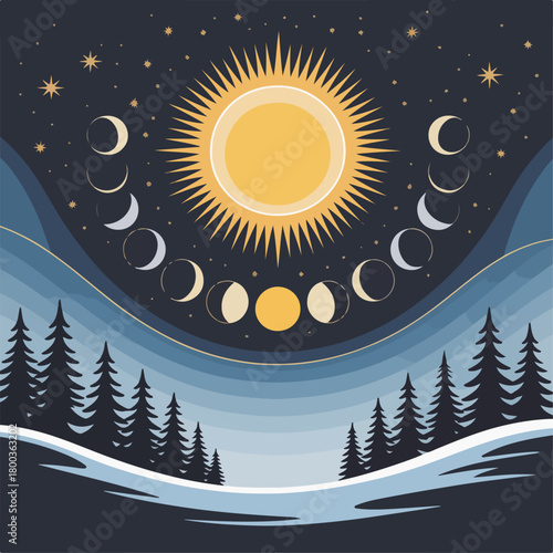 Winter night landscape with sun and complete moon phases arc, celestial solstice scene over snowy pines, astronomy themed vector illustration