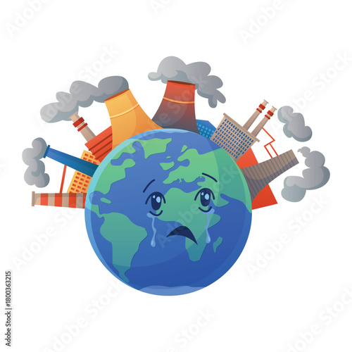 Crying planet Earth with factories emitting smoke, symbolizing pollution and environmental crisis, isolated vector illustration