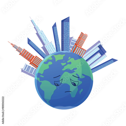 Isolated sad planet Earth with unhappy face and skyscrapers symbolizing urbanization and environmental concern vector illustration