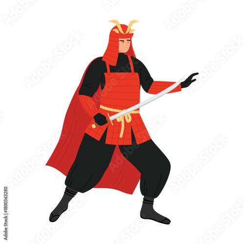 Traditional Japanese samurai in red armor holding sword, isolated on white background vector illustration
