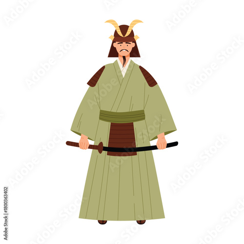 Classic samurai in armor holding katana sword, standing isolated on white background vector illustration