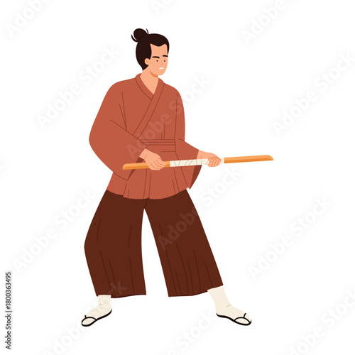 Traditional samurai in kimono holding bokken on white background isolated vector illustration