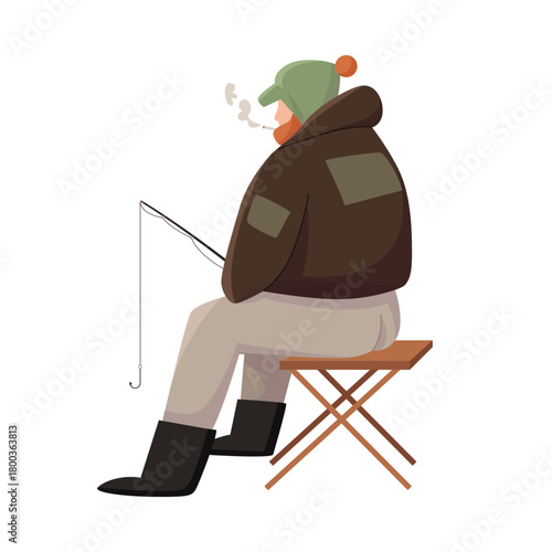 Isolated man in winter clothes ice fishing outdoors on a stool with rod vector illustration