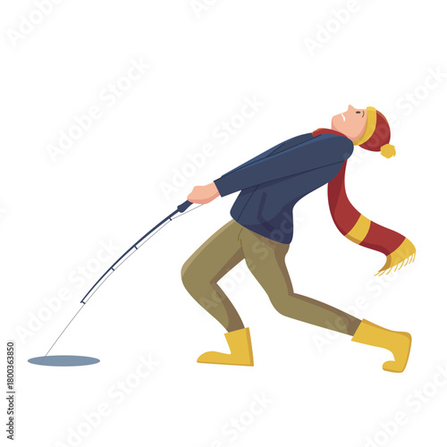 Isolated winter fisherman struggling with fishing rod on ice hole, wearing warm clothes vector illustration