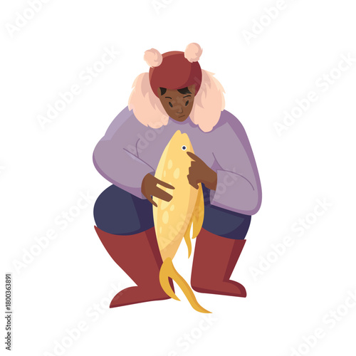 Isolated young woman in winter clothes holding large yellow fish after successful fishing vector illustration