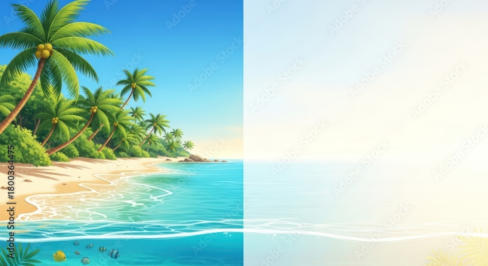 Fototapeta premium Tropical beach paradise with turquoise ocean and lush palm trees scene