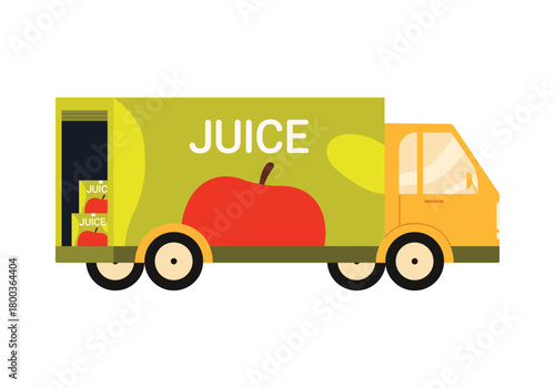 Colorful isolated delivery truck with apple juice boxes for beverage transport concept vector illustration