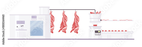 Isolated beef production line with meat processing equipment and hanging carcasses vector illustration
