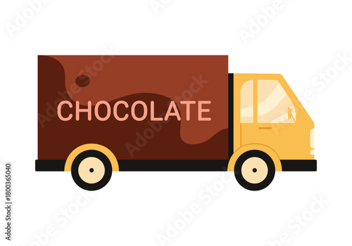 Cartoon chocolate delivery truck on white background, perfect for food transport concepts, isolated vector illustration