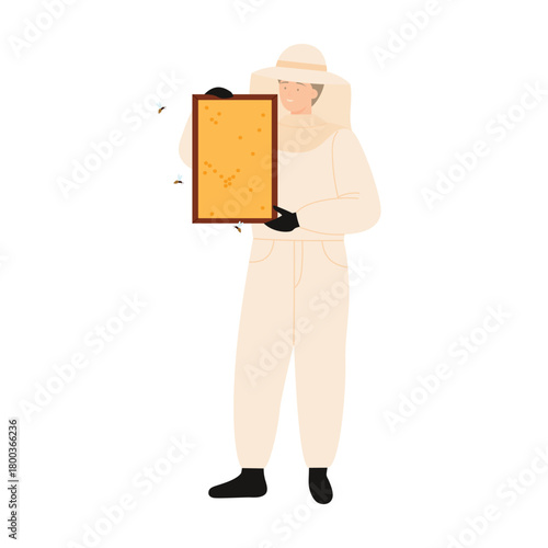 Beekeeper in protective suit holding honeycomb with bees on isolated white background vector illustration