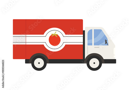 Red and white ketchup production delivery truck with tomato symbol isolated on white vector illustration