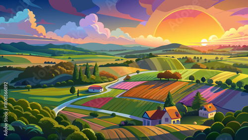 Very beautiful aerial view of a rainbow sunset over the rolling countryside of Cranbury, New Jersey, featuring vibrant skies, soft golden light, and serene farmland landscapes creating a peaceful and 