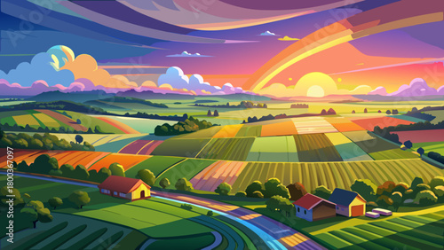 Very beautiful aerial view of a rainbow sunset over the rolling countryside of Cranbury, New Jersey, featuring vibrant skies, soft golden light, and serene farmland landscapes creating a peaceful and 