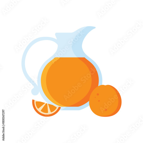 Isolated pitcher of orange juice with whole fruit and slice for healthy drink concept vector illustration