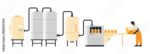 Isolated orange juice factory production line with worker and packaging equipment vector illustration