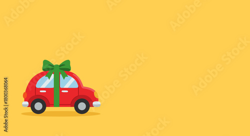 Red car decorated with a green bow for Christmas on yellow background, isolated, vector, copy space 