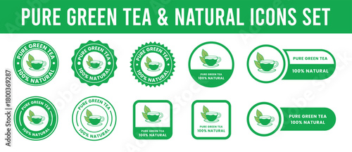 Set of green tea cup logos. Healthy green tea drink stamps. Organic natural food labels.