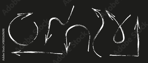 Hand drawn chalkboard arrow set for direction navigation. Brush stroke indicator sketch with grunge texture. Concept vector illustration