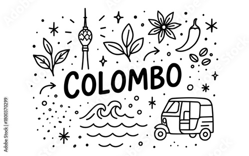 Colombo landmarks and symbols in minimalistic black and white doodle art