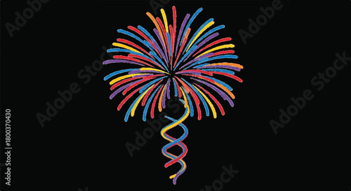 Vibrant Fireworks Burst Over a Dark Night Sky with a Colorful Ribbon Trail in Celebration.