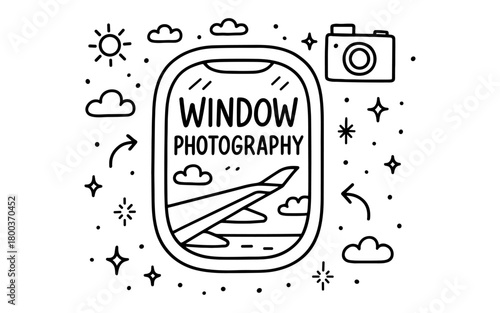 Airplane window view with doodle elements and camera in black and white
