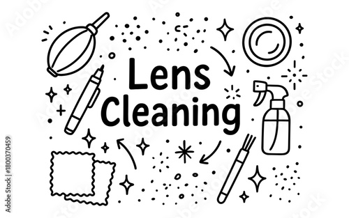 Lens cleaning essentials: hand drawn outline of camera care tools
