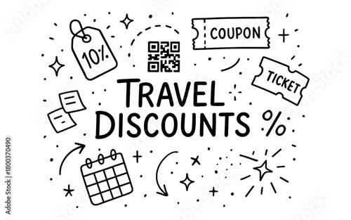 Travel discounts doodle with tickets, coupons, and qr code elements
