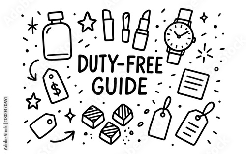 Duty-free shopping essentials in hand drawn doodle style: watches, makeup, and more