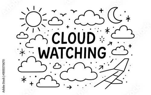 Playful doodle of clouds and sky with airplane wing for cloud watching theme