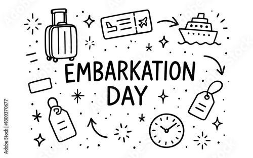 Embarkation day doodle art with luggage, cruise ship, and boarding pass
