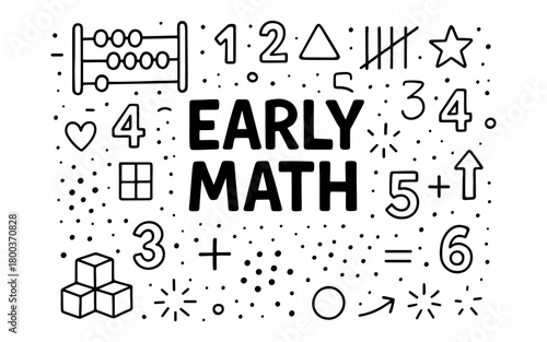 Early math design with numbers and educational icons in doodle style