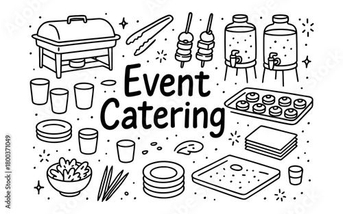 Event catering essentials in a fun doodle style with food and drink elements