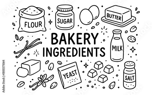 Simple black and white bakery ingredients with hand drawn style for baking enthusiasts