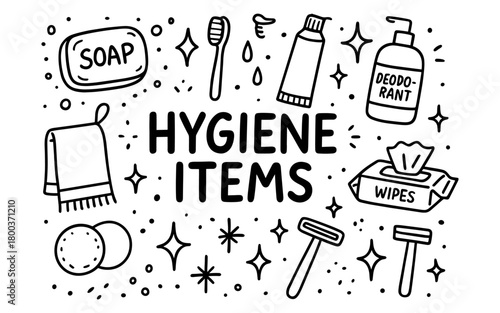Hygiene essentials pack: soap, toothbrush, deodorant, wipes, shaver in doodle style