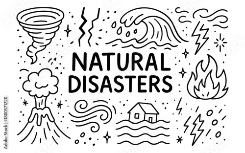 Hand drawn natural disasters doodle with tornado, earthquake, tsunami, and more