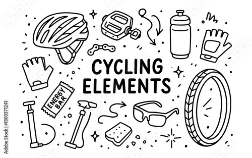 Cycling elements doodle art featuring essential gear and accessories for biking enthusiasts