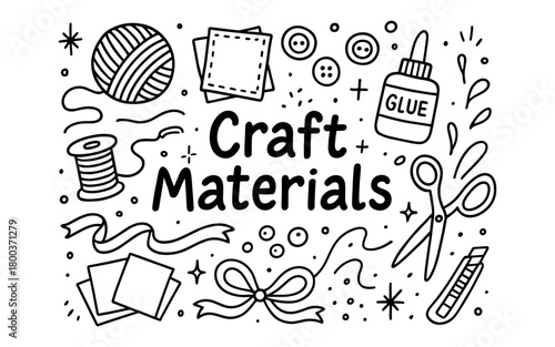 Doodle craft materials collection: yarn, scissors, glue, buttons, and more