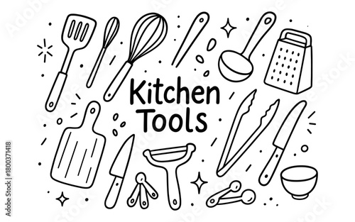 Hand drawn kitchen tools: whisks, knives, utensils, and more in black and white
