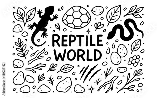 Reptile world: hand drawn nature pattern with leaves, lizards, snakes, and rocks