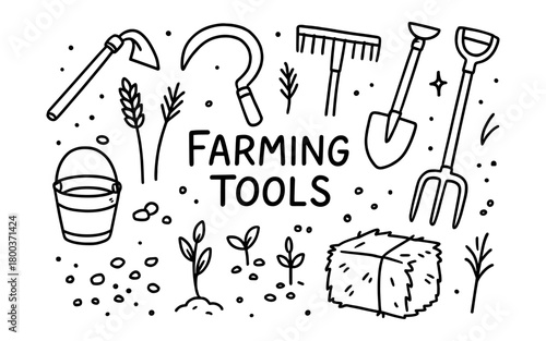 Hand drawn farming tools set with shovel, rake, scythe, and more