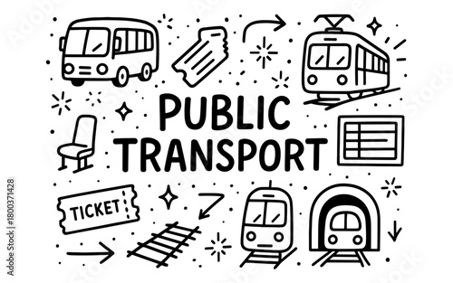 Public transport icons: bus, train, tram, and ticket in hand-drawn doodles