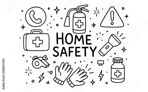 Home safety icons in doodle style with emergency equipment and symbols