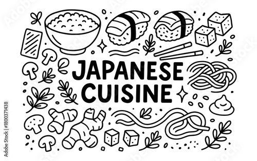 Japanese cuisine outline: sushi, ramen, and traditional foods in linear art