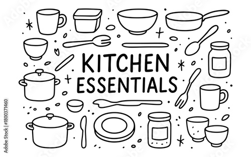 Modern kitchen essentials doodle set: cups, pots, and spices in black and white