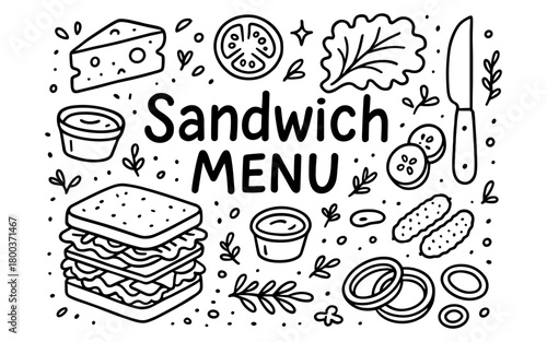 Hand-drawn sandwich menu design with ingredients and utensils doodles