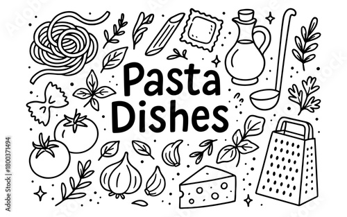 Pasta dishes: black and white doodle art with italian cuisine elements